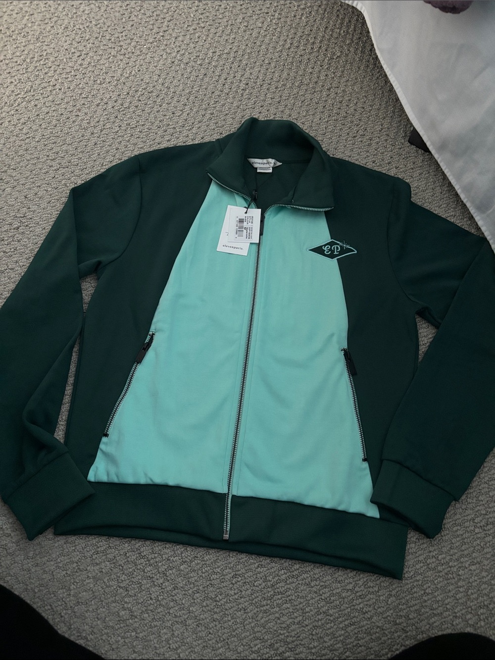 Eleven Paris Dark Forest Green and Mint Zip-Up Track Jacket
